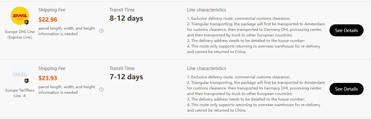 Resultados del estimador de tarifas de Kakobuy para Alemania y 1000 gramos: Europe DHL Line y Europe Tariffless Line K, con precio, plazo y características como despacho comercial y transporte triangular vía Ámsterdam