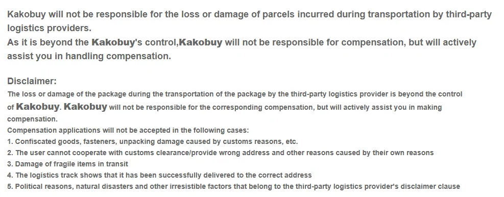 Artículo de Kakobuy sobre la compensación por paquetes perdidos o dañados en el transporte internacional con la lista de casos excluidos: mercancía confiscada por aduana, usuario que no colabora con el despacho o da una dirección errónea, frágiles, entregado según seguimiento y causas políticas o naturales