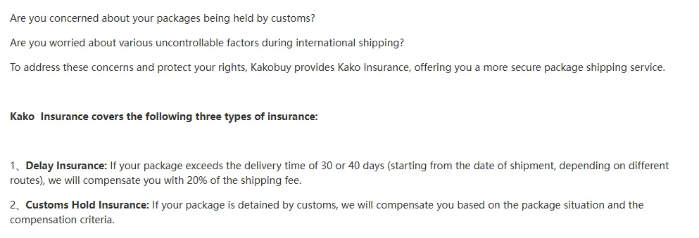 Comienzo del artículo de Kakobuy sobre Kako Insurance con las tres coberturas: seguro de retraso, seguro de retención en aduana y seguro de pérdida o daño