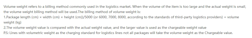 Explicación de Kakobuy del peso volumétrico: largo por ancho por alto entre 5000, 6000, 7000 u 8000 según el transportista, y se cobra el mayor entre el peso real y el volumétrico