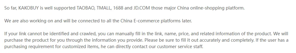 Artículo de Kakobuy que dice que soporta Taobao, Tmall, 1688 y JD.com, que conectará más plataformas y que si un enlace no se reconoce se puede rellenar a mano