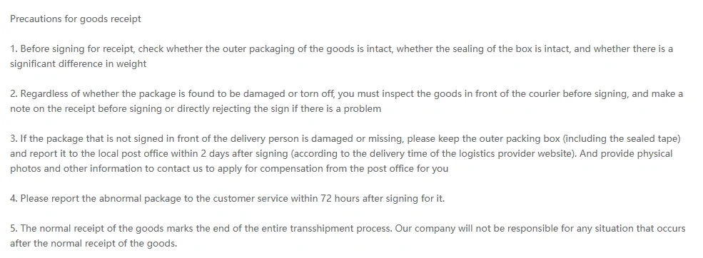 Precauciones de Kakobuy al recibir: comprobar embalaje, precinto y peso antes de firmar, revisar delante del repartidor si está dañado, guardar la caja si falta algo y avisar en dos días, y comunicar incidencias a atención al cliente en 72 horas