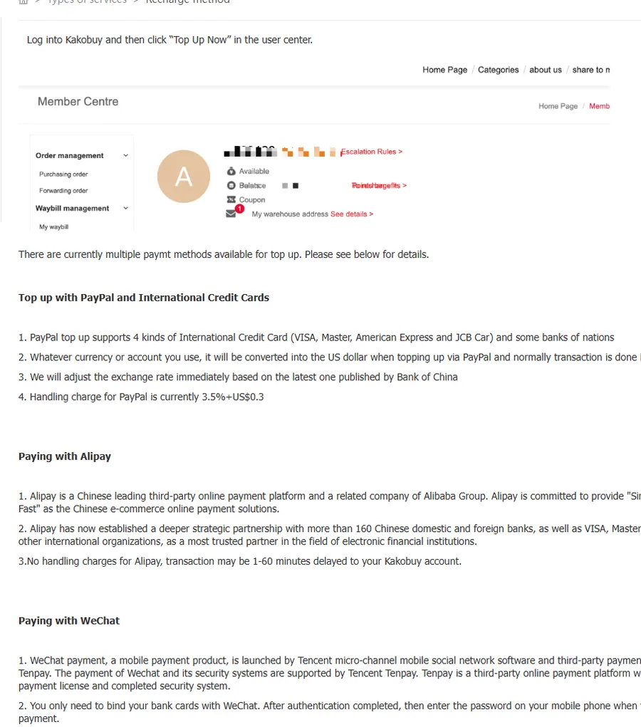 Artículo de recargas de Kakobuy con una captura antigua del centro de usuario y los métodos: PayPal y tarjetas internacionales con conversión a dólares y comisión de 3,5 % más 0,3 dólares, Alipay y WeChat sin comisión