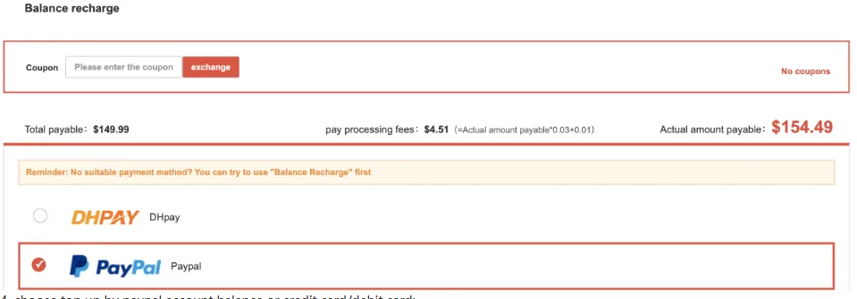 Caja de recarga de saldo en el artículo de PayPal de Kakobuy con un total de 149,99 dólares, una comisión de 4,51 calculada como importe por 0,03 más 0,01, y un importe final de 154,49
