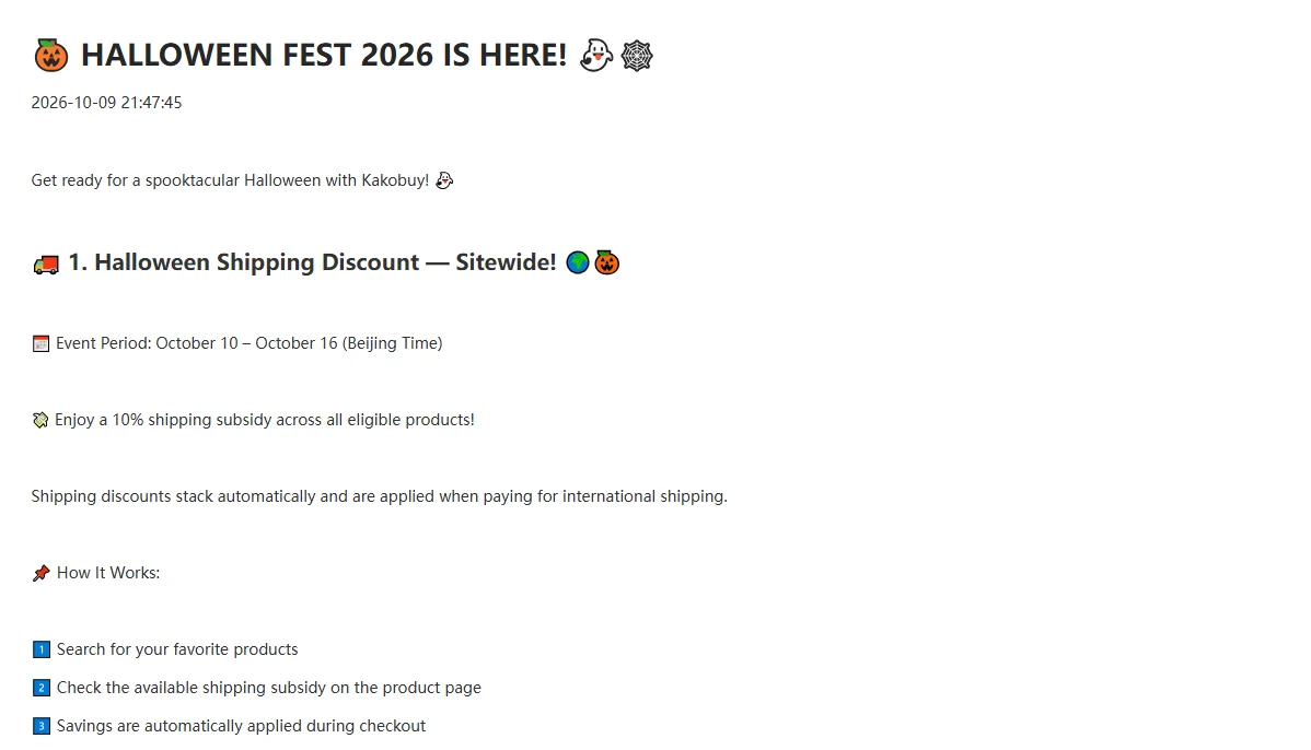 Aviso de Kakobuy Halloween Fest 2026 fechado el 9 de octubre de 2026 con un descuento de envío del 10 % del 10 al 16 de octubre en hora de Pekín
