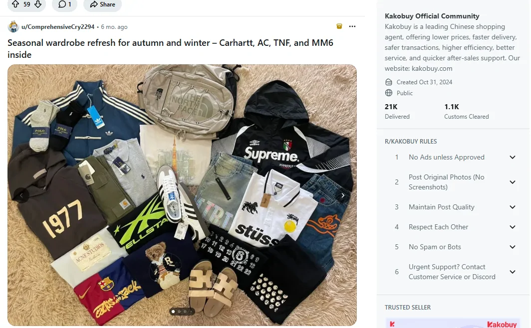 Página del subreddit r/kakobuy con una publicación de ropa de otoño e invierno extendida sobre una alfombra y la barra lateral Kakobuy Official Community, creada el 31 de octubre de 2024, con 21K Delivered y 1,1K Customs Cleared