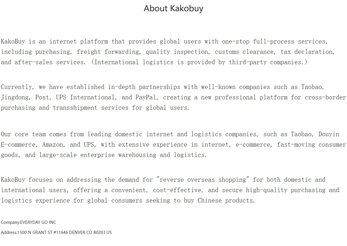 Página Acerca de Kakobuy que lo describe como una plataforma de servicios integrales de compra, reenvío, inspección, despacho de aduanas y declaración de impuestos, con logística internacional de terceros, y la empresa EVERYDAY GO INC con dirección en Denver
