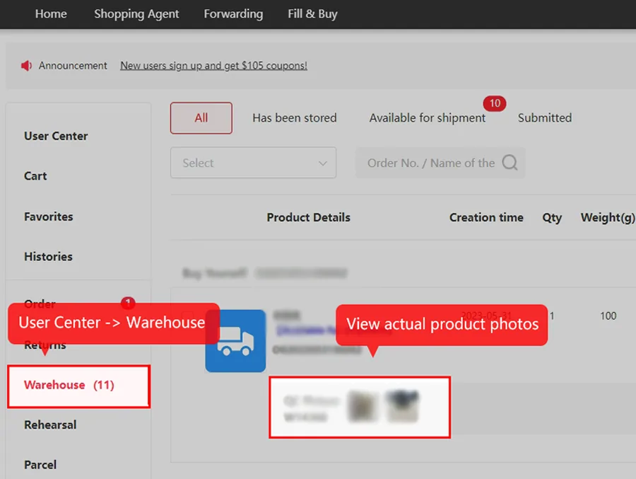 Centro de usuario de Kakobuy con la sección Warehouse marcada y una nota que señala dónde ver las fotos reales del producto