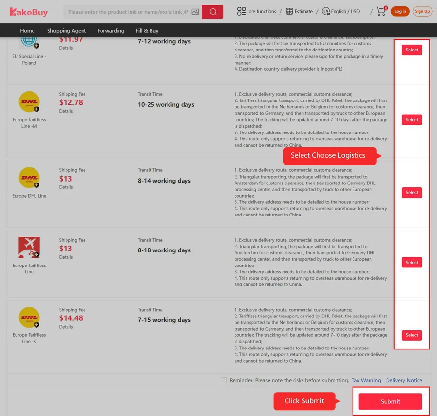 Pantalla de elección de logística de Kakobuy para una dirección en Polonia con cinco líneas europeas, sus precios, plazos y características, y el botón Select en cada una