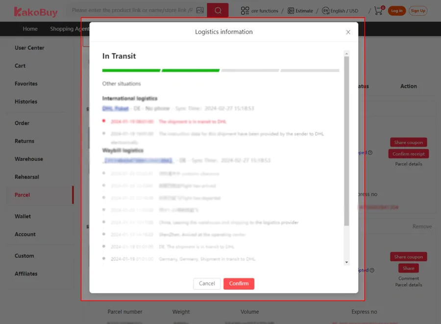 Ventana de información logística de un paquete en tránsito en Kakobuy, con la línea internacional, el estado En tránsito y una lista de eventos con fechas