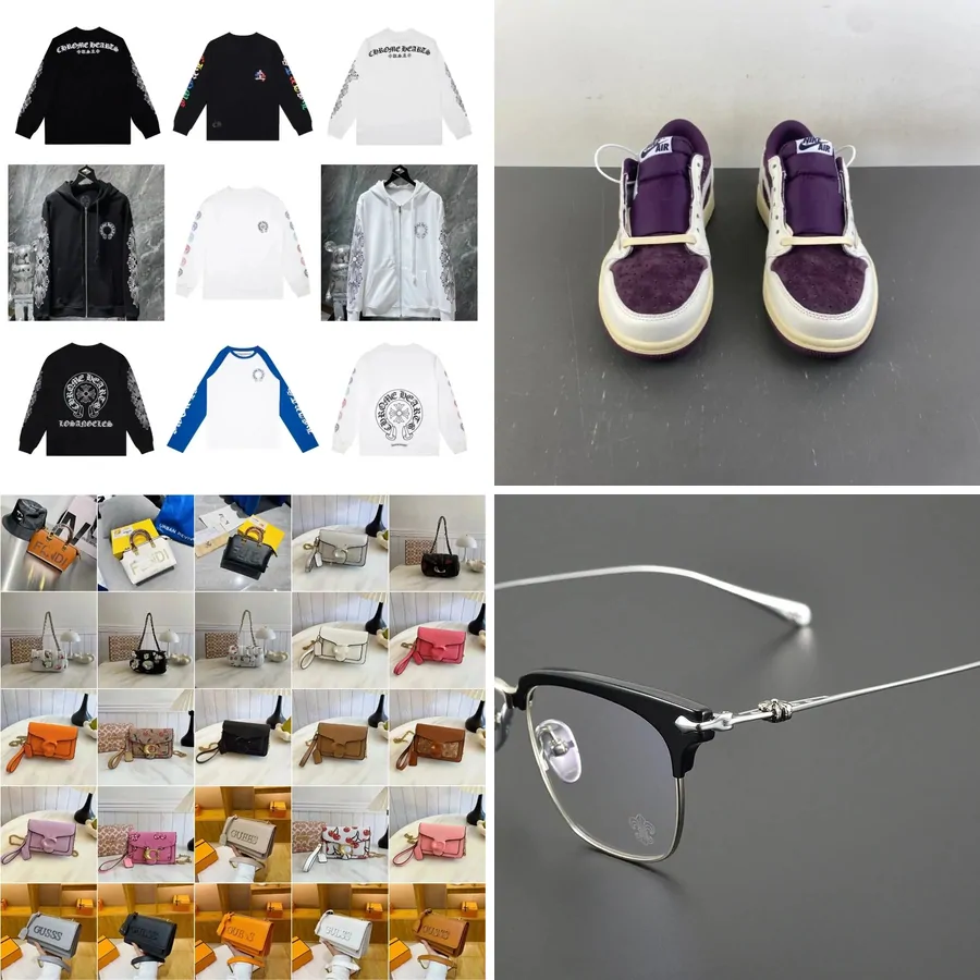 Mosaico de cuatro productos: camisetas de manga larga y sudaderas, unas zapatillas moradas, varios bolsos pequeños y unas gafas de montura metálica