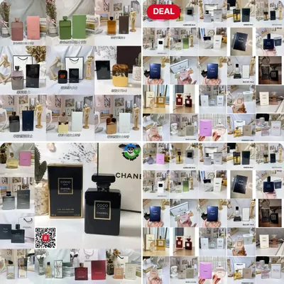 Mosaico de cuatro fichas de la categoría de perfumes: frascos y cajas de varias marcas fotografiados en cuadrícula