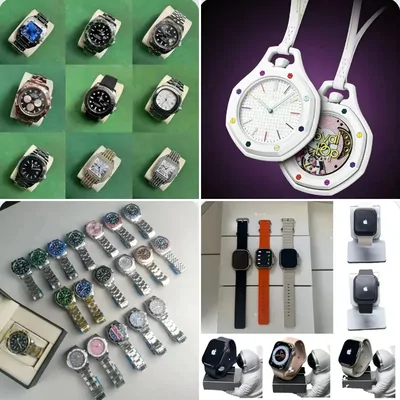 Mosaico de cuatro fichas de la categoría de relojes: relojes de acero, un reloj de bolsillo blanco y relojes inteligentes