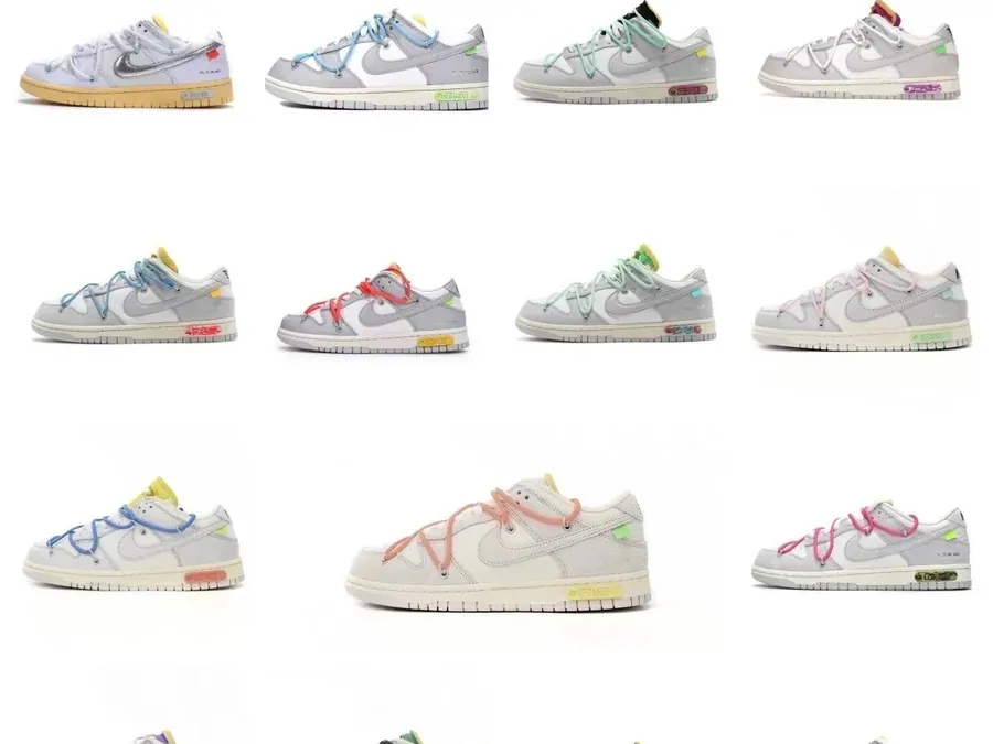 Doce pares de zapatillas bajas en tonos claros con detalles de colores distintos, colocadas en filas sobre fondo blanco